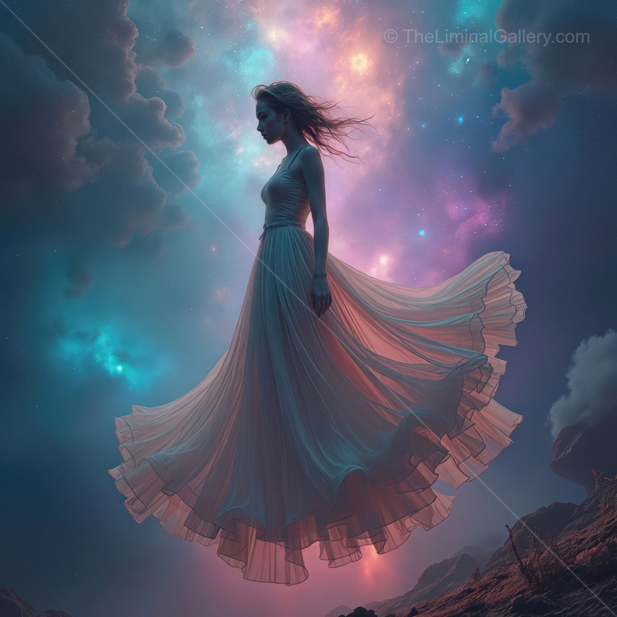 Woman dances among stars in a dreamlike liminal space filled with ethereal colors at dusk