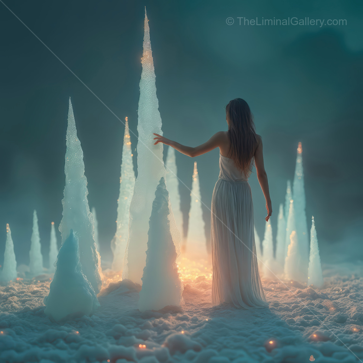 Wandering through a mystical frozen landscape at twilight in search of forgotten dreams