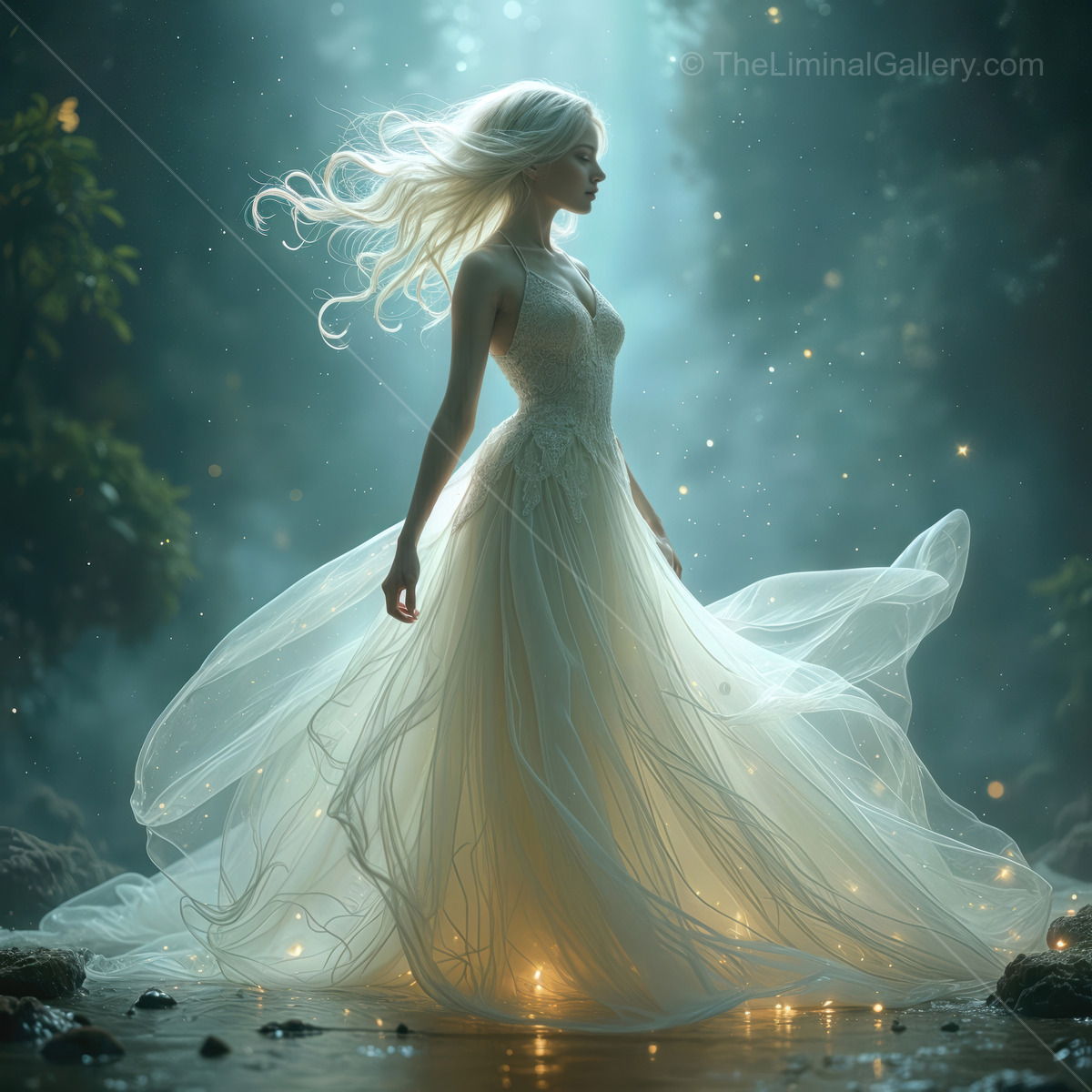 Woman in a mystical forest, dancing gracefully in a flowing gown of light surrounded by ethereal beauty and shimmering magic at twilight