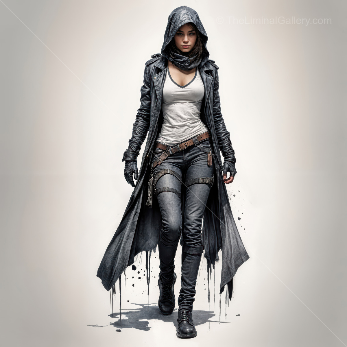 Woman in a liminal fantasy world walking through a mystical landscape at dusk, embodying strength and mystery in her attire