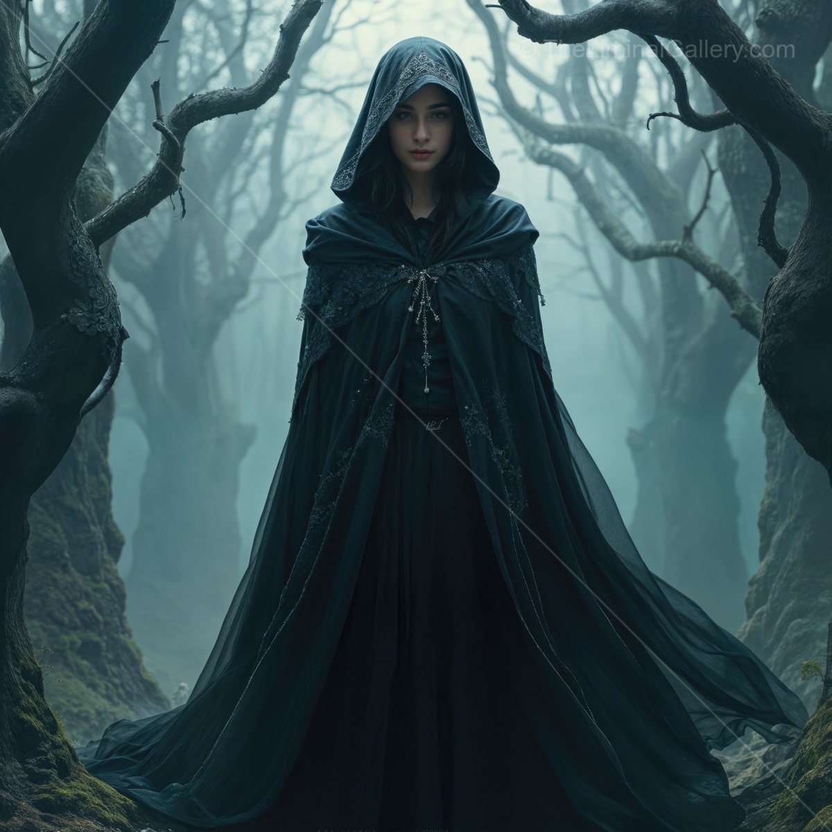 Mysterious woman in a dark forest weaves magic under a mystical moonlit sky