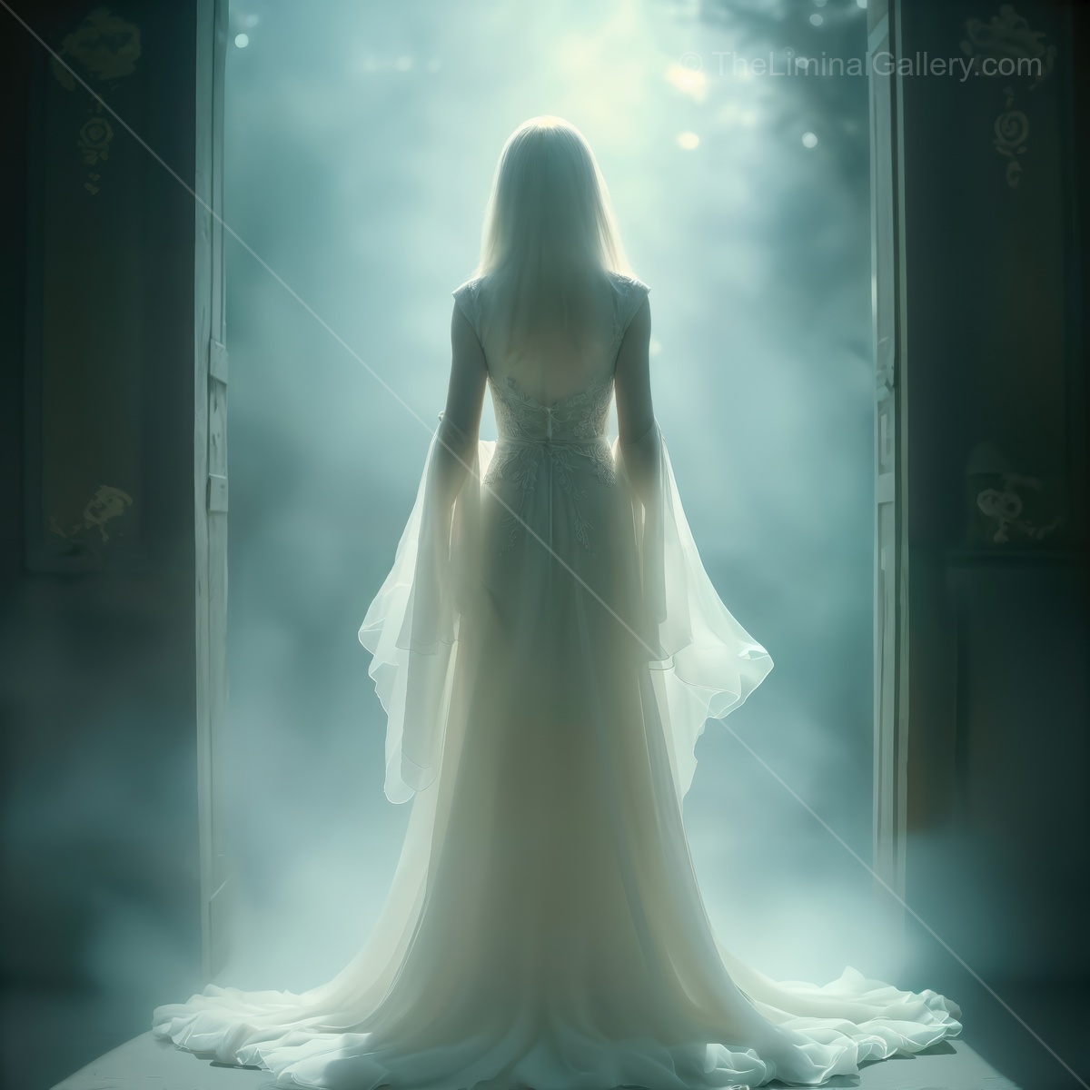 Ghostly woman in a mysterious liminal space embodying magic, wonder, and an ethereal presence surrounded by mist and light