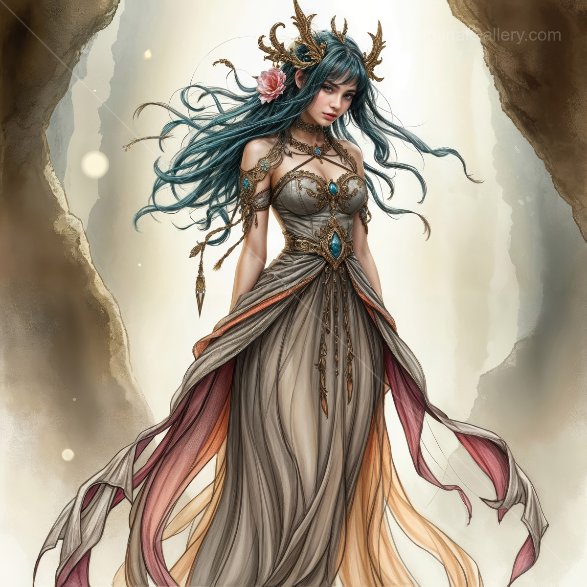 Enchanting woman in a fantasy world, embodying the essence of nature and liminal spaces, showcasing beauty and mystery