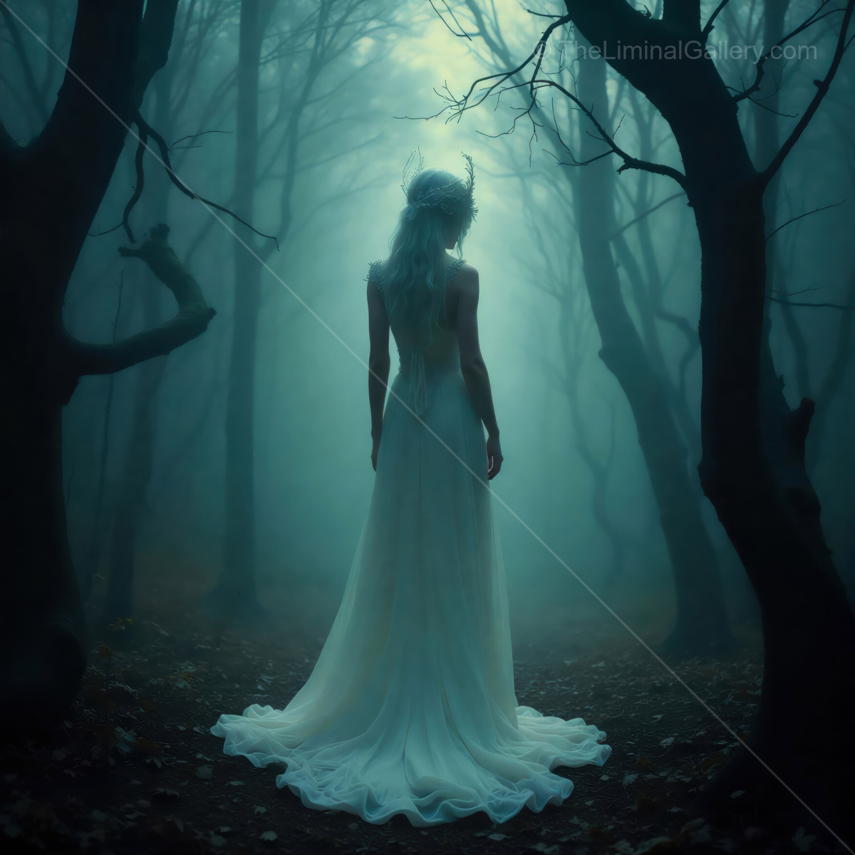 Whispers in the fog: a woman in a flowing gown stands amid ethereal trees at twilight