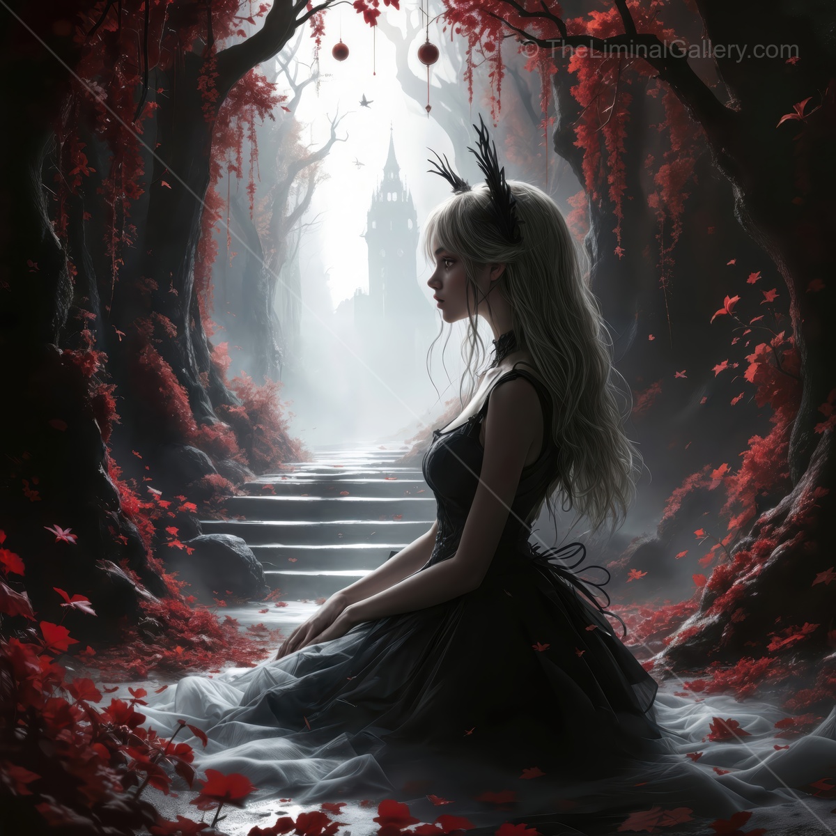 Mystical woman in a dark forest surrounded by vibrant red leaves and an enchanting atmosphere at twilight