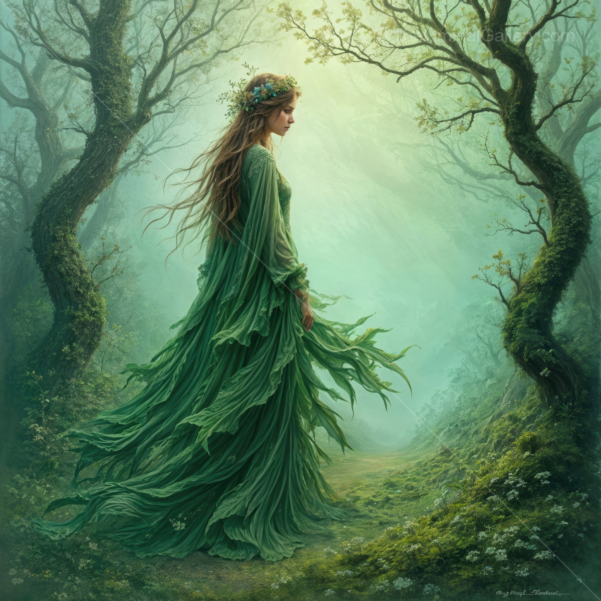 Enchanting woman in a lush forest, embodying nature's spirit and beauty at dusk