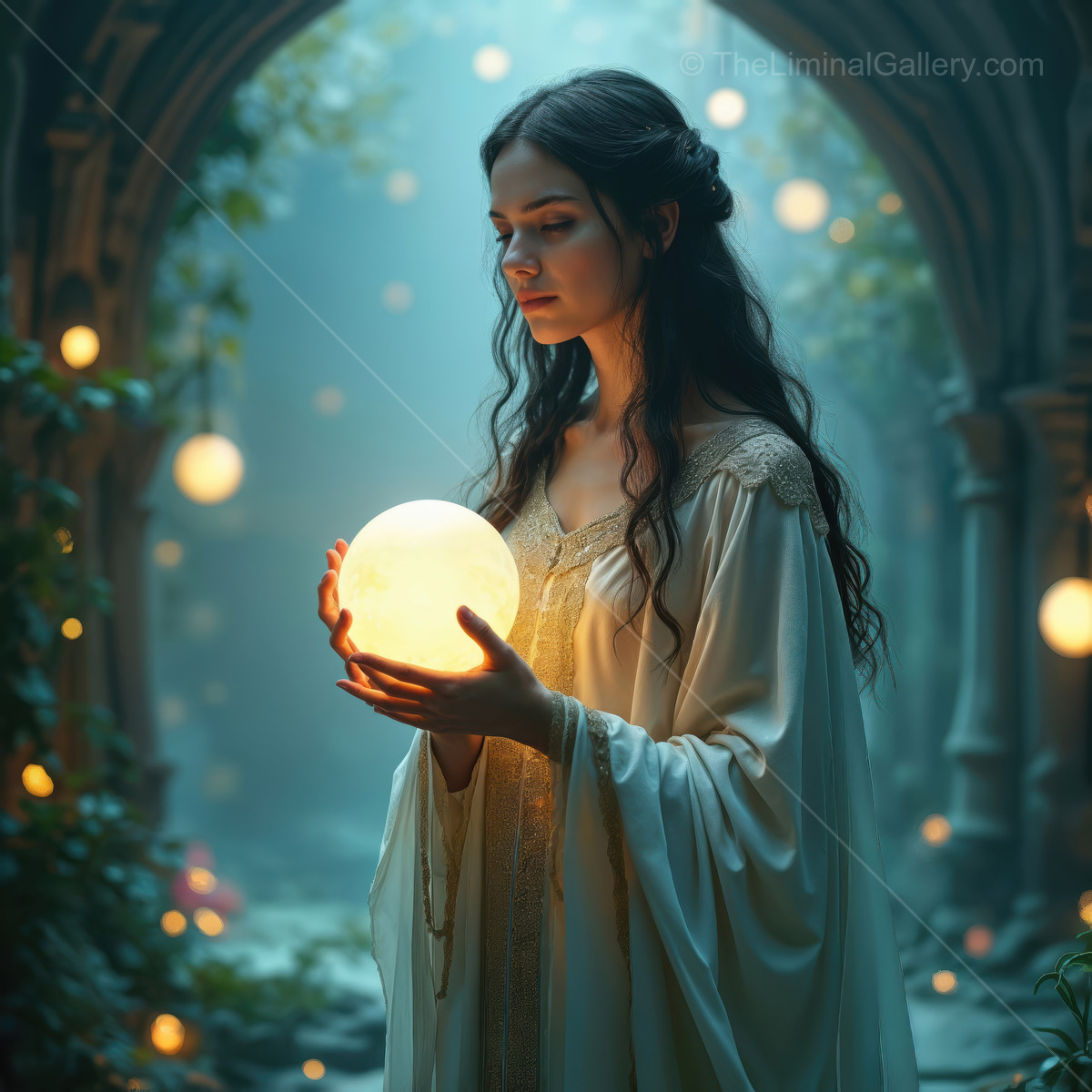 Woman in a mystical garden holding a glowing orb, surrounded by ethereal lights and a dreamy atmosphere, embodying a fantasy realm of liminal beauty