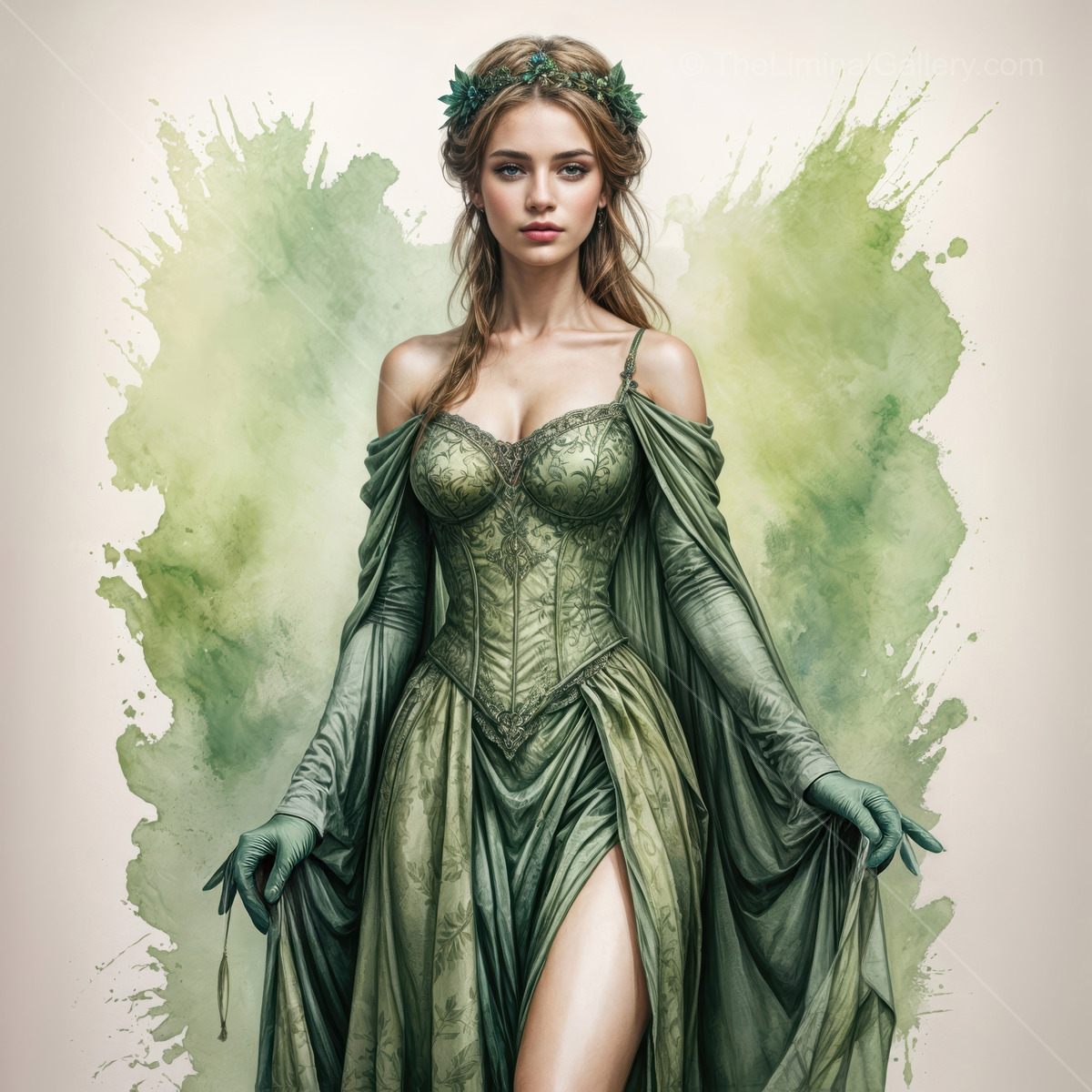 Enchanted fantasy woman embodies nature in a liminal space surrounded by soft green hues