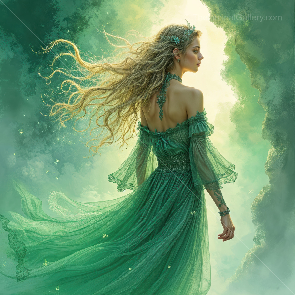 Whispers of the enchanted woman in a glowing liminal realm