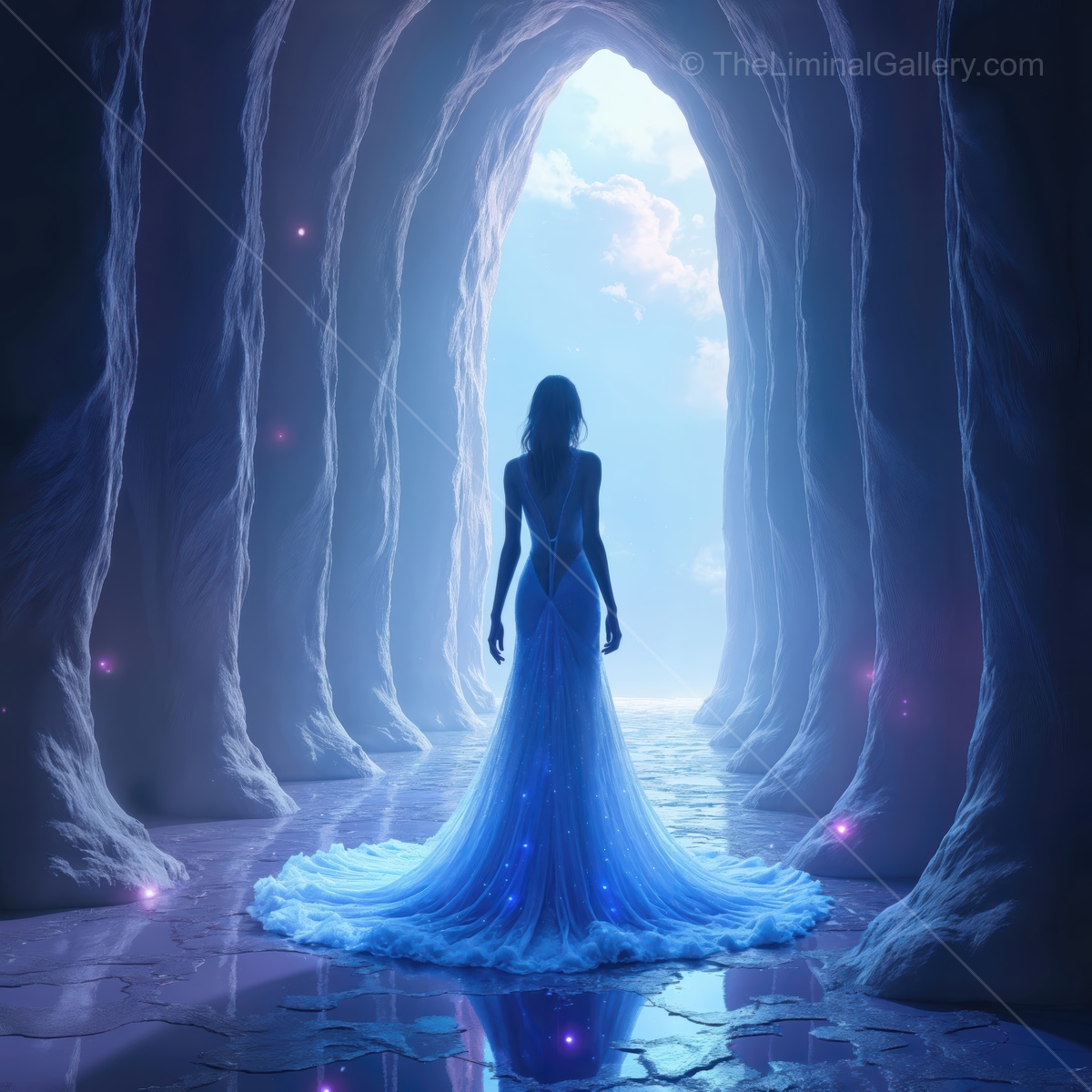 Woman in a mystical liminal space wearing a flowing gown, surrounded by ethereal light and soft shadows