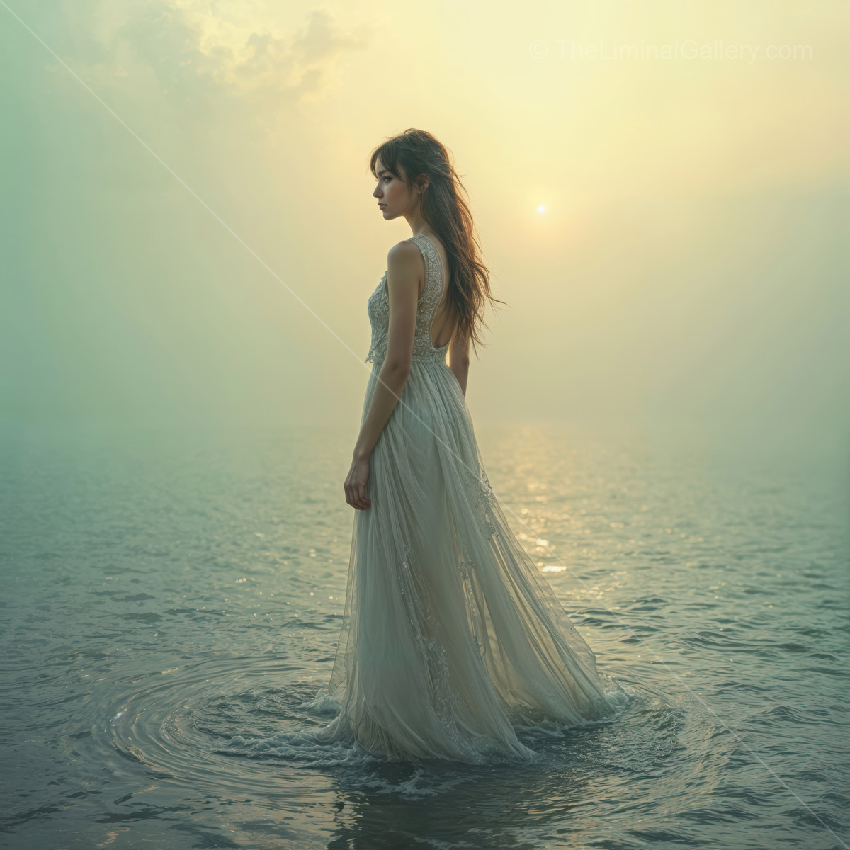 Woman in a dreamlike world, standing gracefully in shallow water as morning light filters through mist