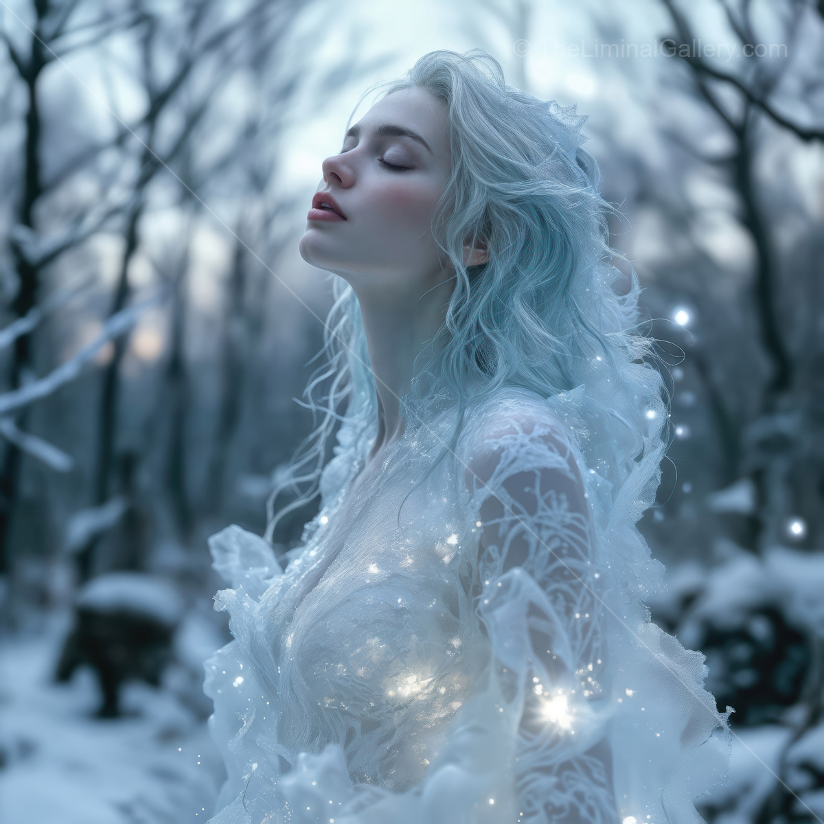 Woman in a winter wonderland takes in the magic of a fantasy realm under soft, fading light