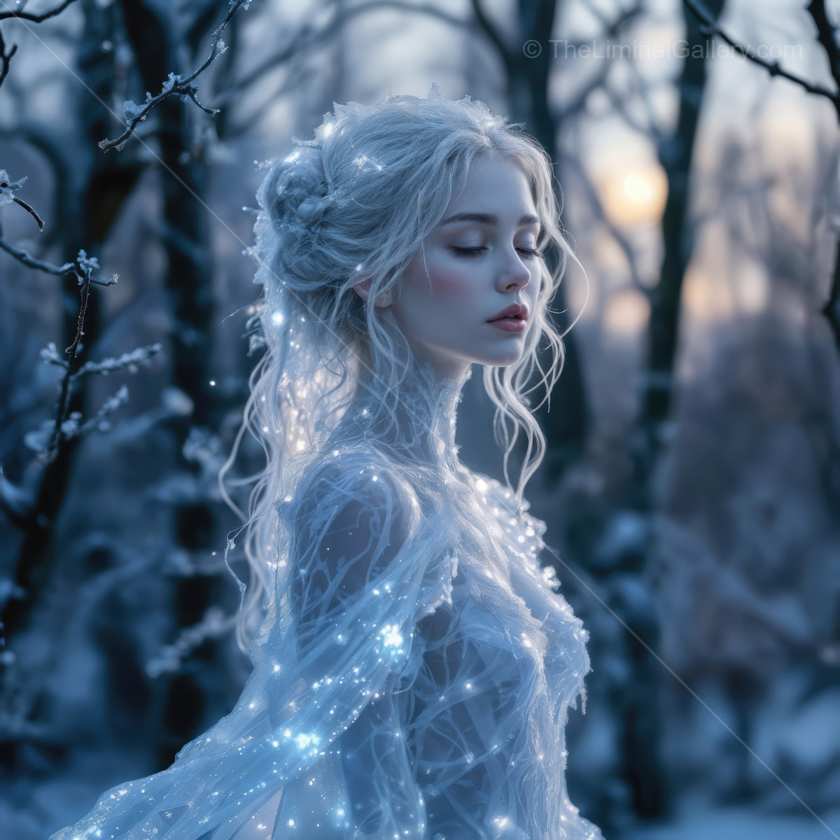 Enchanting woman in a snowy forest under a twilight sky, embodying fantasy and elegance with a liminal aura