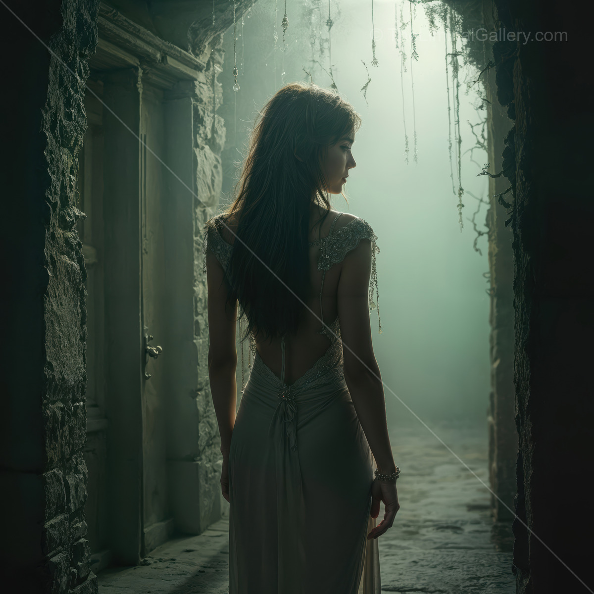 Woman wandering through a mystical corridor shrouded in light and shadow, exploring the beauty of a fantasy realm