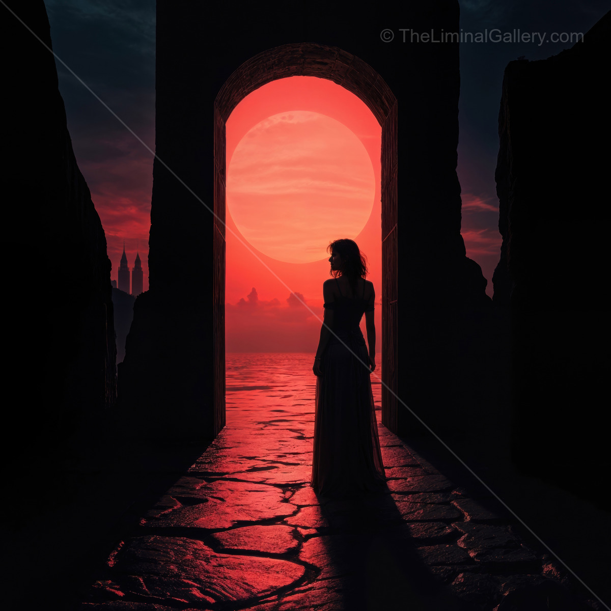 Woman stands at the threshold of a mystical portal, embracing the enchanting glow of a giant red sun at twilight