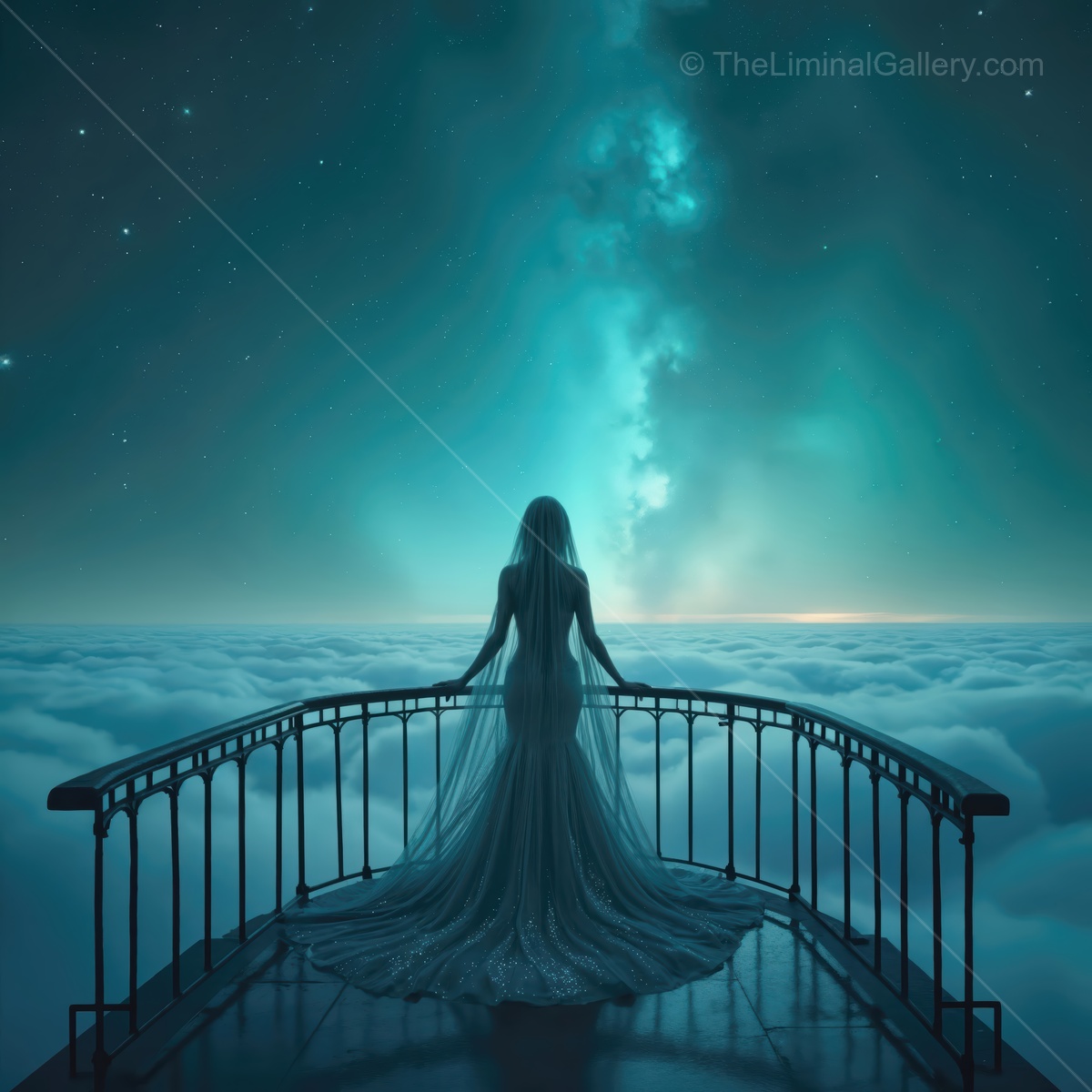 Woman in flowing gossamer dress gazing at starry sky above clouds in a magical liminal space during twilight