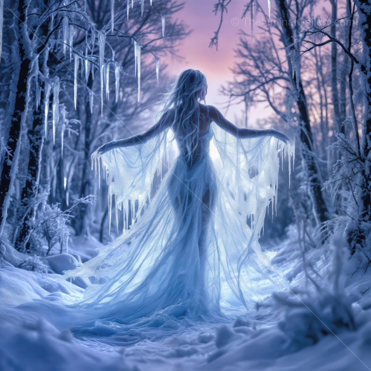 Woman in a magical winter realm surrounded by ethereal ice formations beneath a twilight sky