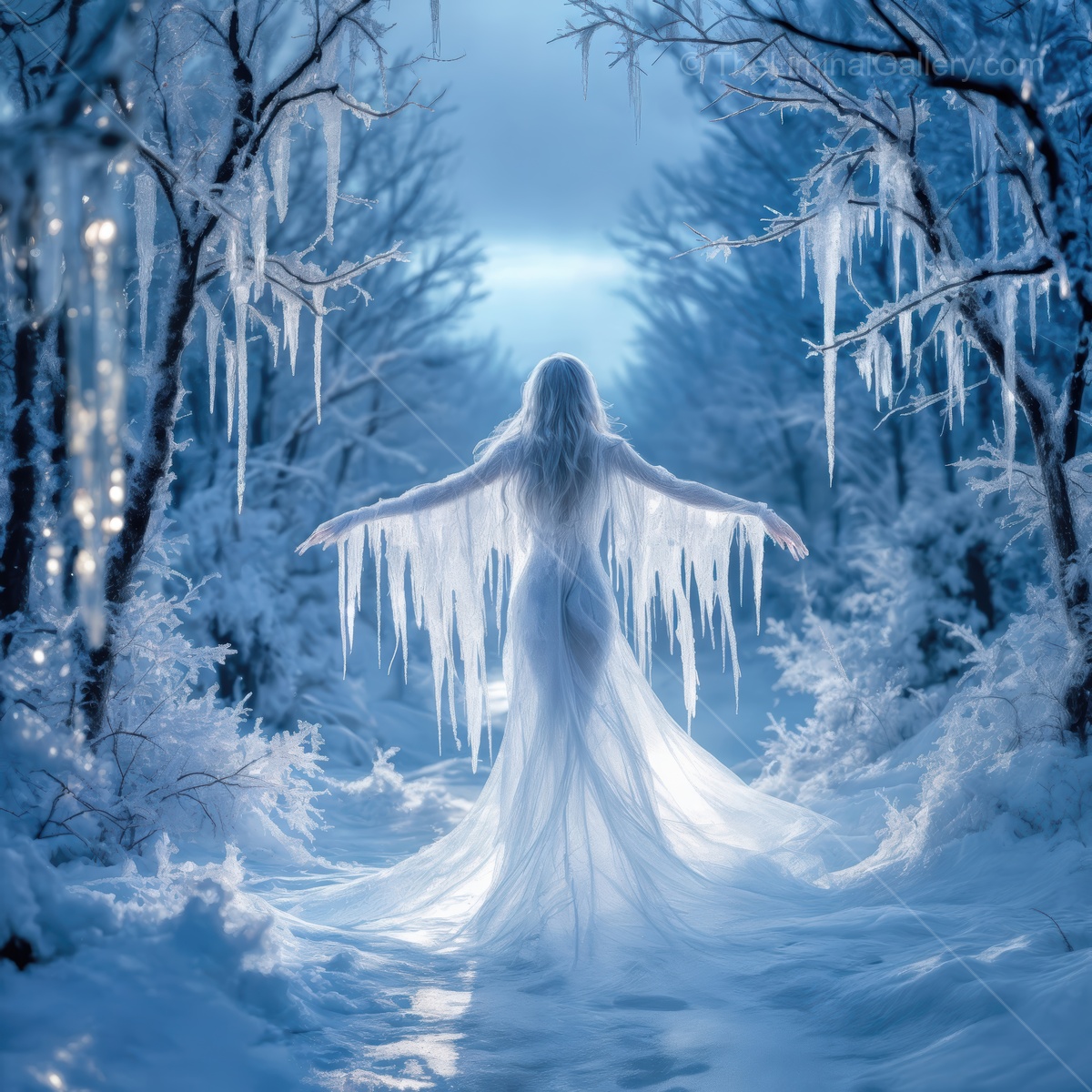 Mistress in ethereal gown encompasses the winter wonderland surrounded by shimmering icicles and soft, snowy trees at twilight