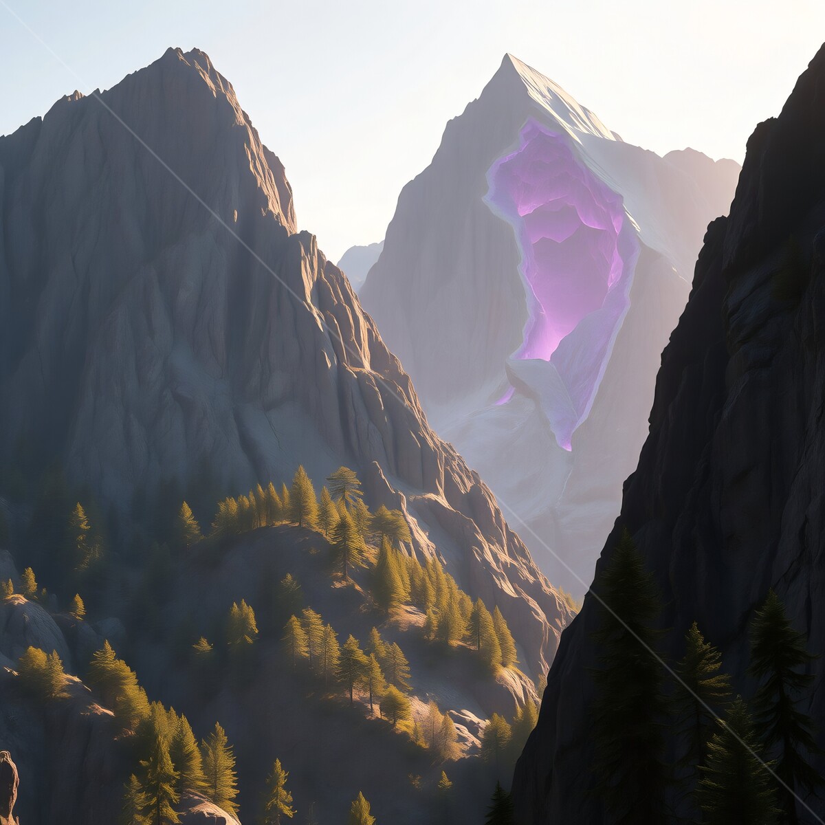 Majestic fantasy mountain landscape reveals a mystical glowing cave at sunrise in a serene valley rich with pine trees