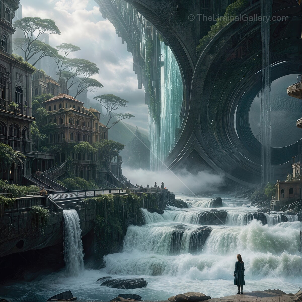 Enchanting fantasy waterfalls flow through an ancient city under the shadow of a colossal structure