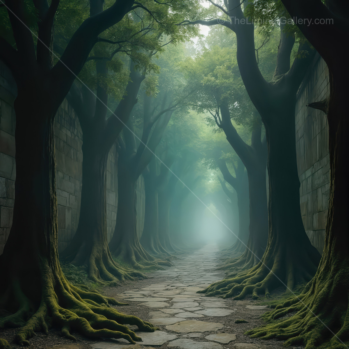 Mysterious forest pathway leads into the foggy unknown with ancient trees and lush greenery