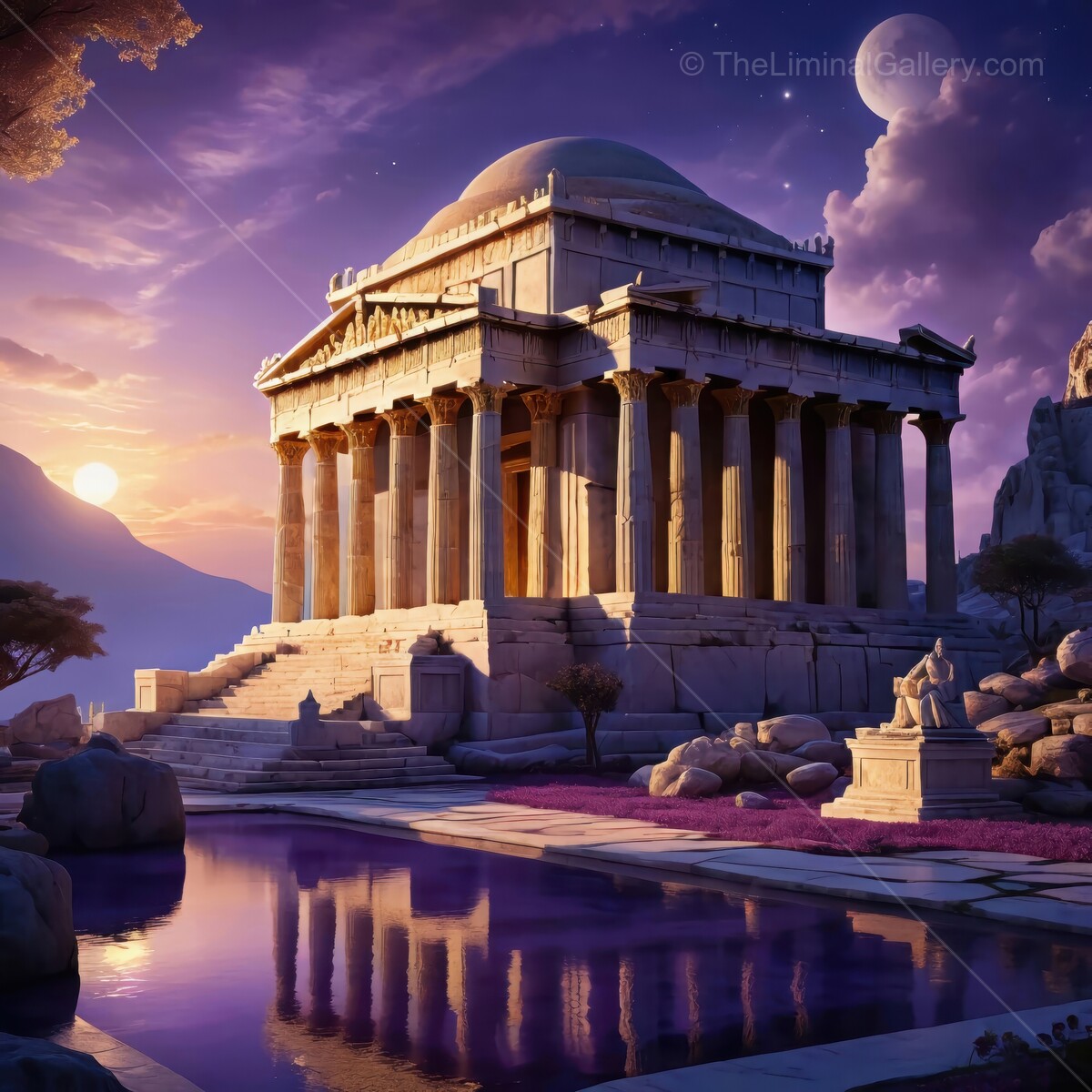 Ancient Greek temple illuminated by twilight, reflecting in serene waters under celestial skies