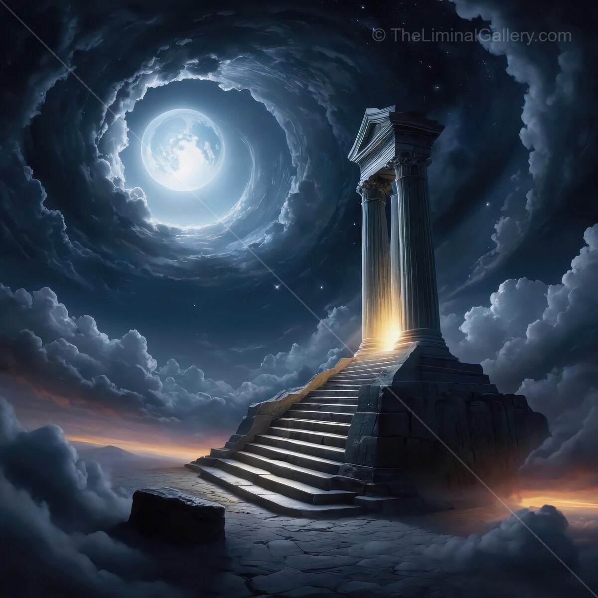 Ancient ruinic portal illuminated under a mystical moonlit sky surrounded by swirling clouds