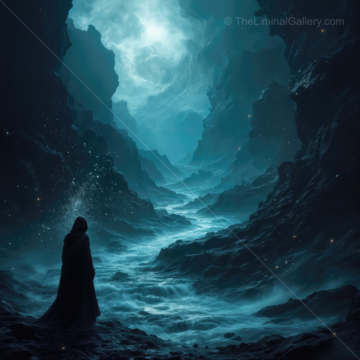 Mysterious figure stands at the edge of an ethereal canyon illuminated by a ghostly blue light