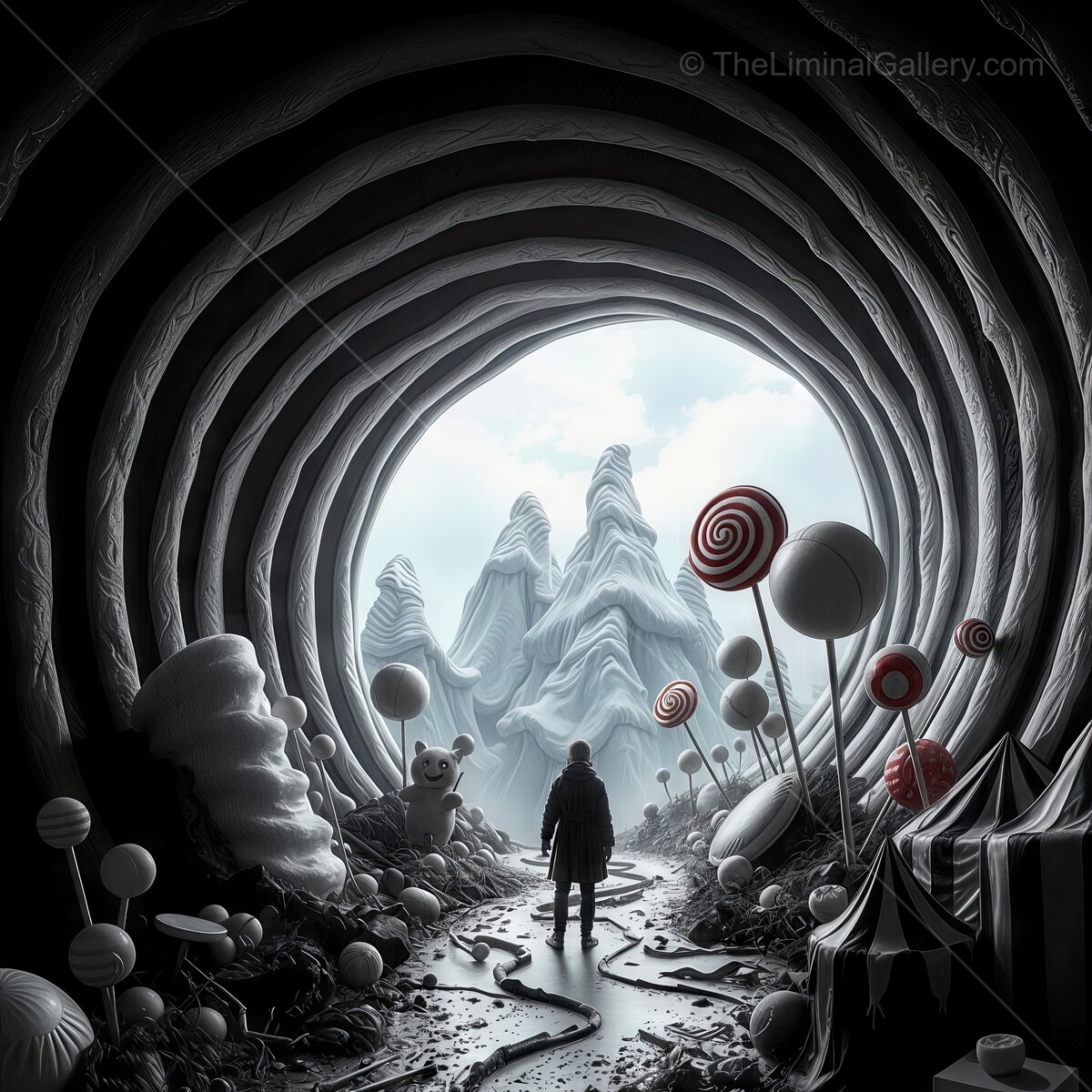 Exploring a whimsical candy landscape with towering mountains and playful elements