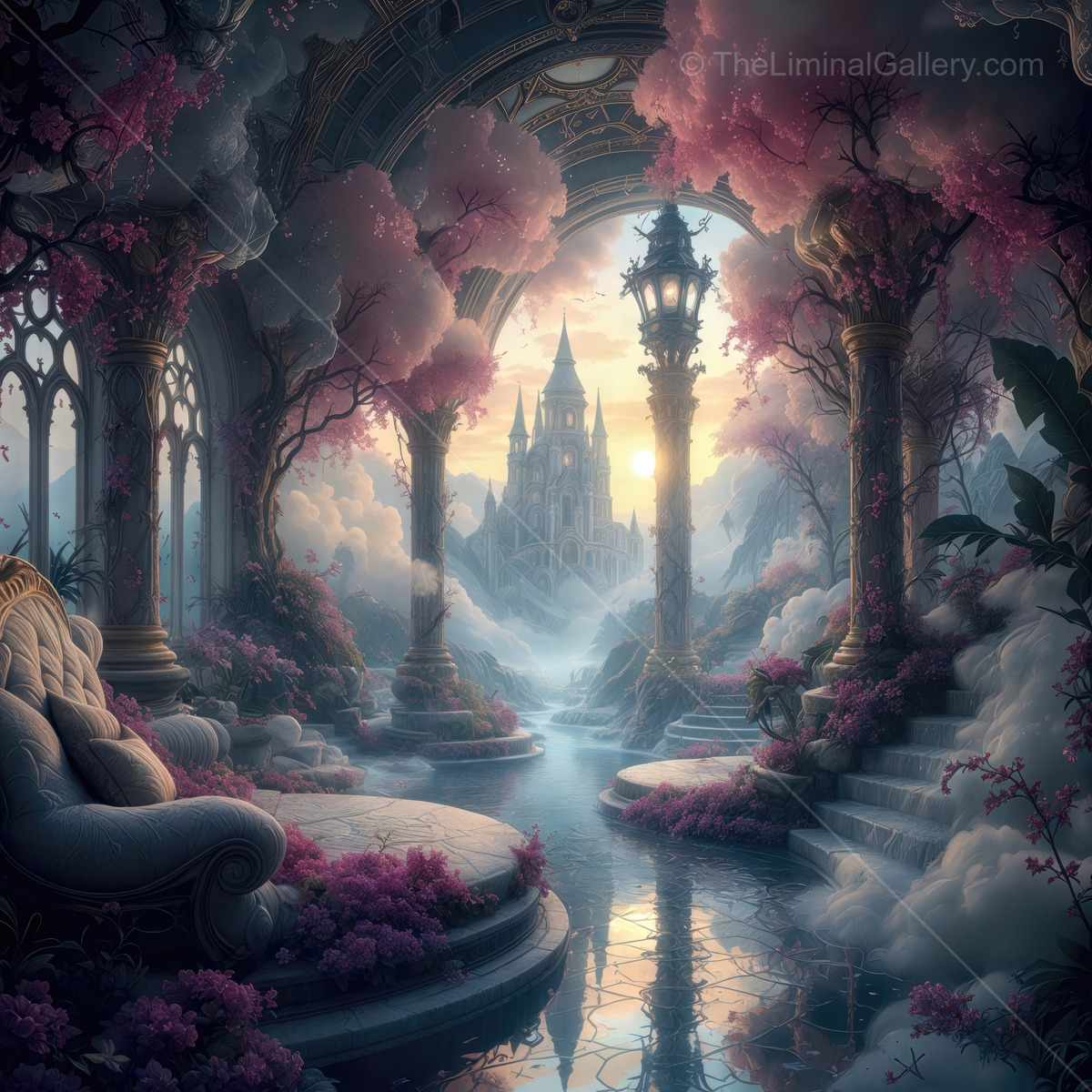 Enchanted landscape with majestic castle, blooming cherry blossoms, and serene waters at sunset