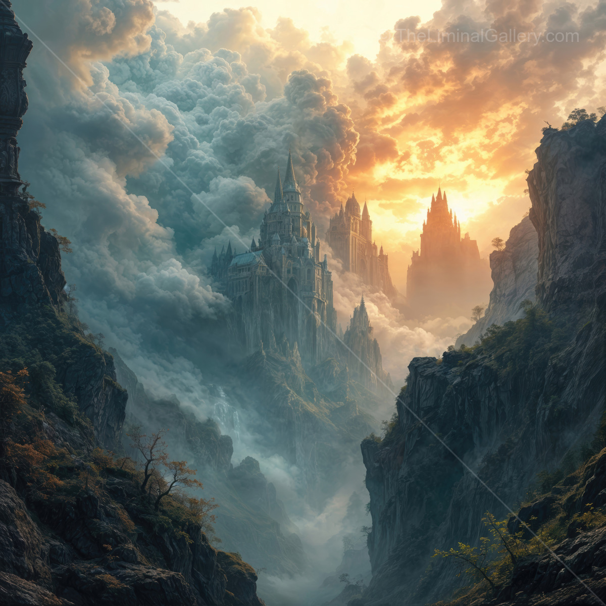 Majestic castle shrouded in mystical clouds at sunset, overlooking a lush valley filled with mystery and wonder