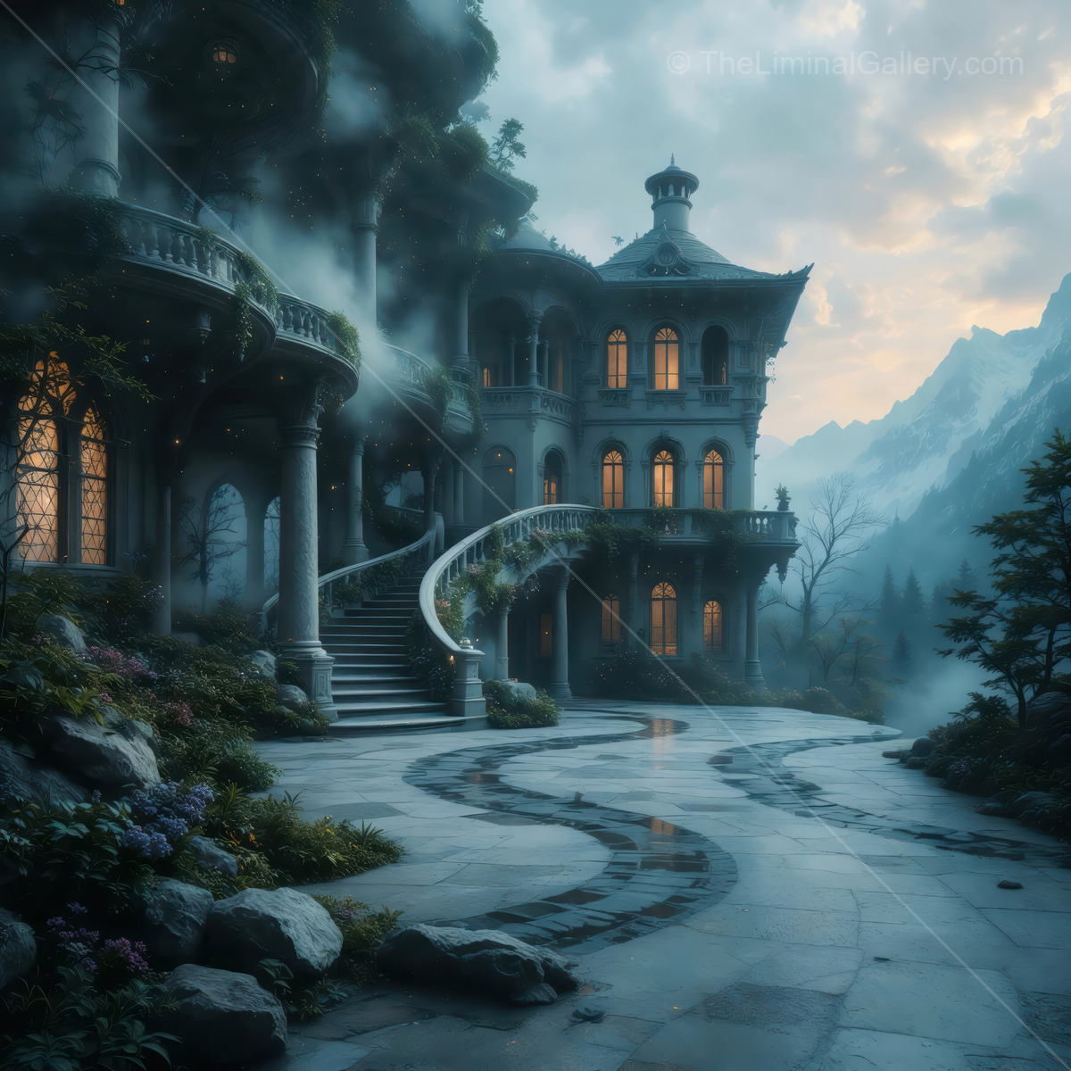 Mysterious castle shrouded in mist at dawn, surrounded by mountains and lush greenery