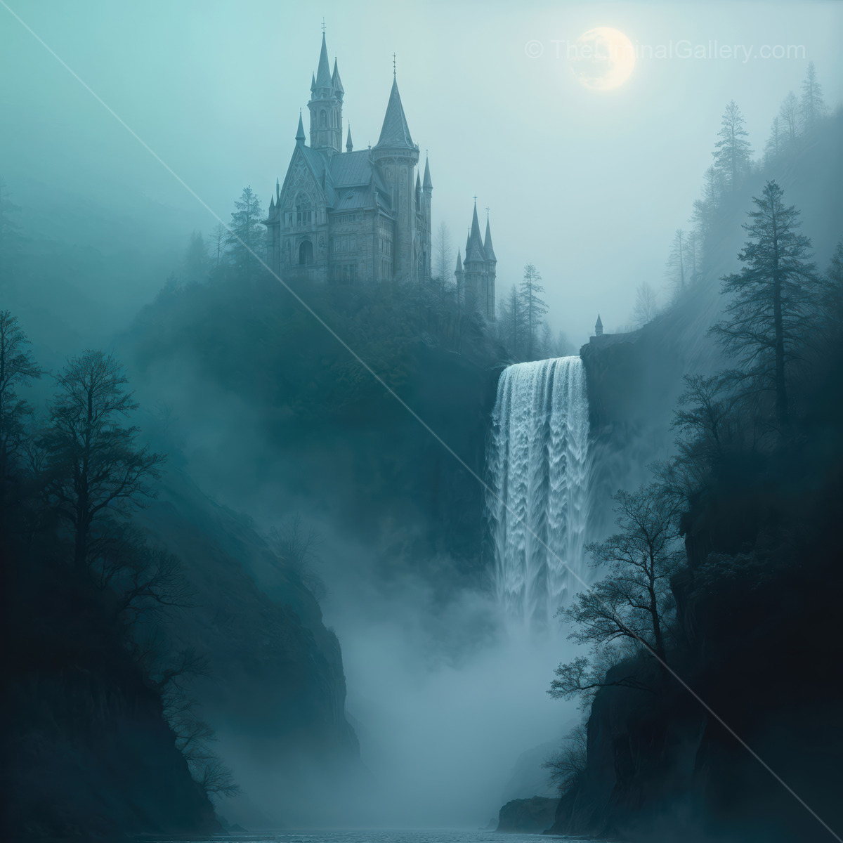 Majestic castle surrounded by mist and a cascading waterfall under a moonlit sky
