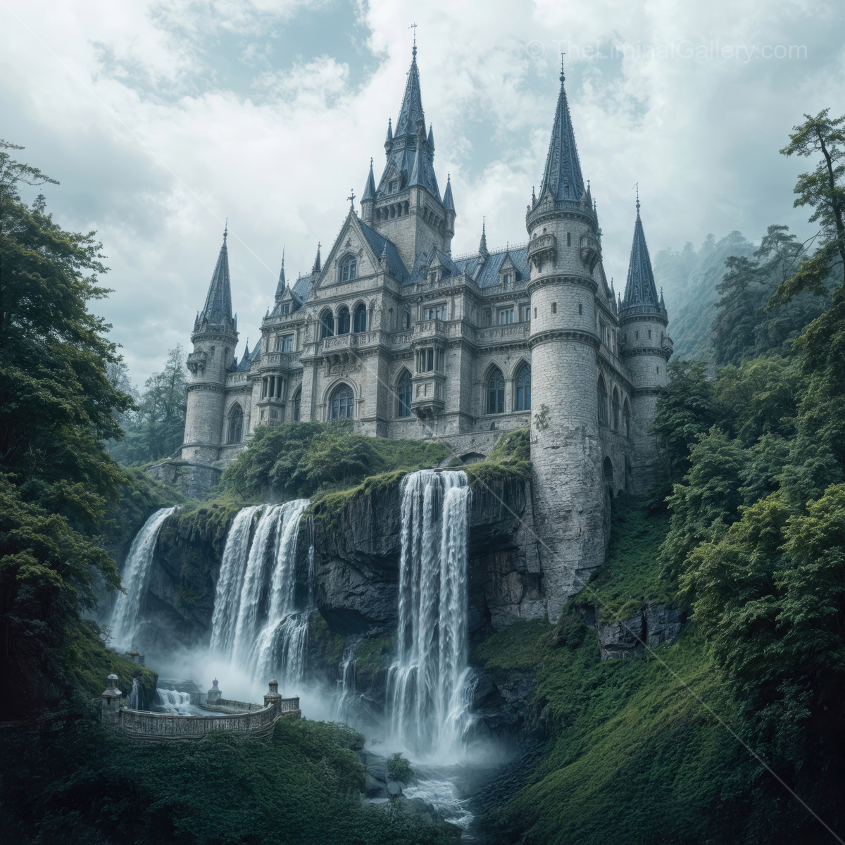 Majestic castle overlooking a serene waterfall surrounded by lush greenery in a mystical landscape at dawn