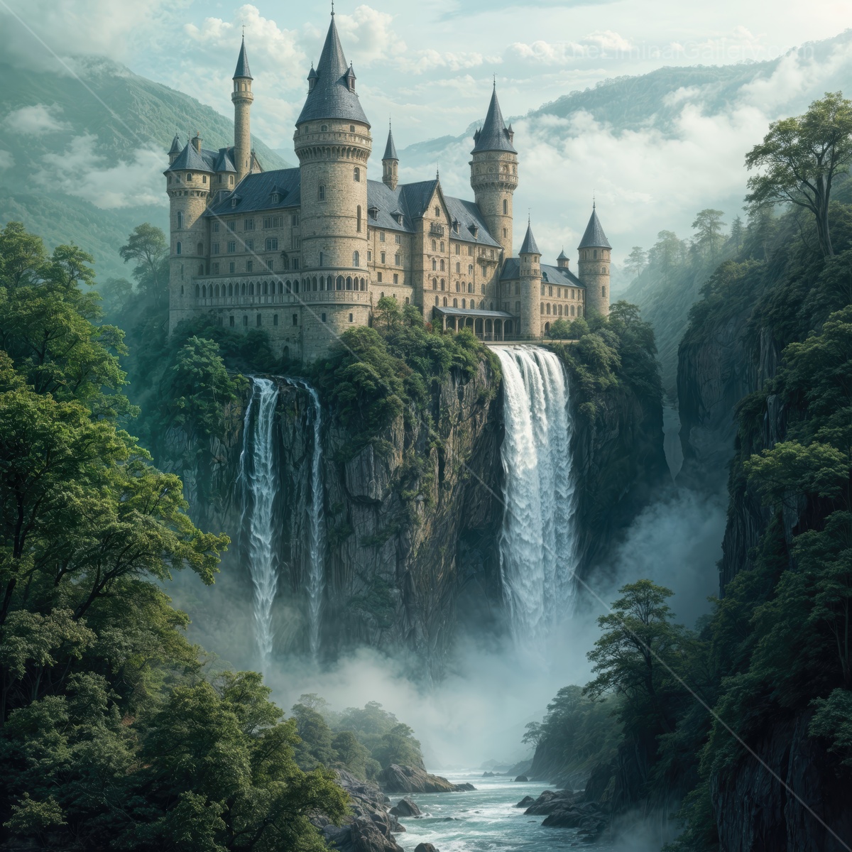 Majestic castle perched atop a waterfall with lush greenery surrounding it in a misty landscape