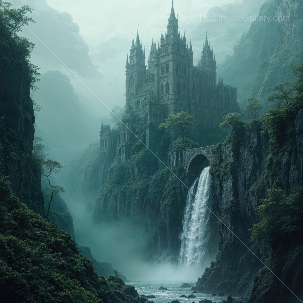 Majestic castle rises from the mist above a powerful waterfall in a mysterious valley