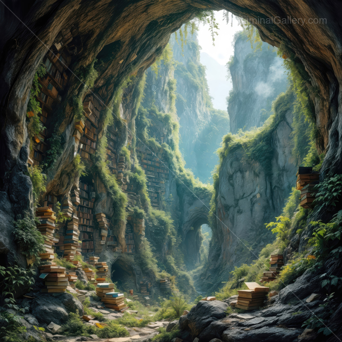 Enchanting cave of knowledge filled with nature's embrace and ancient books under a serene sky