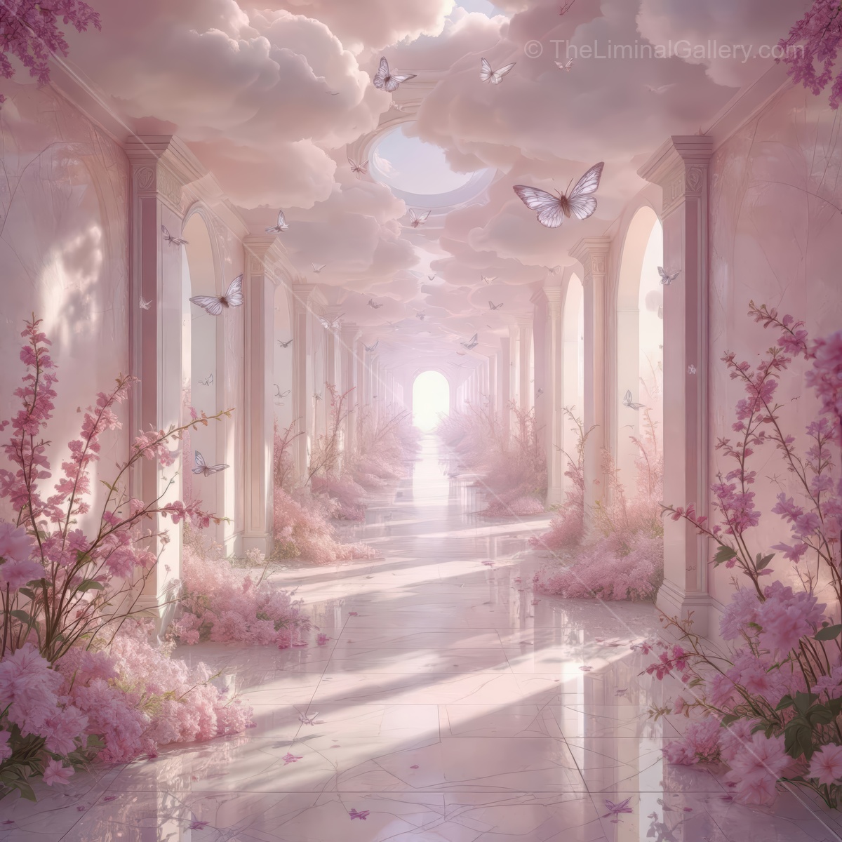 Enchanted corridor filled with cherry blossoms and butterflies during a soft morning light
