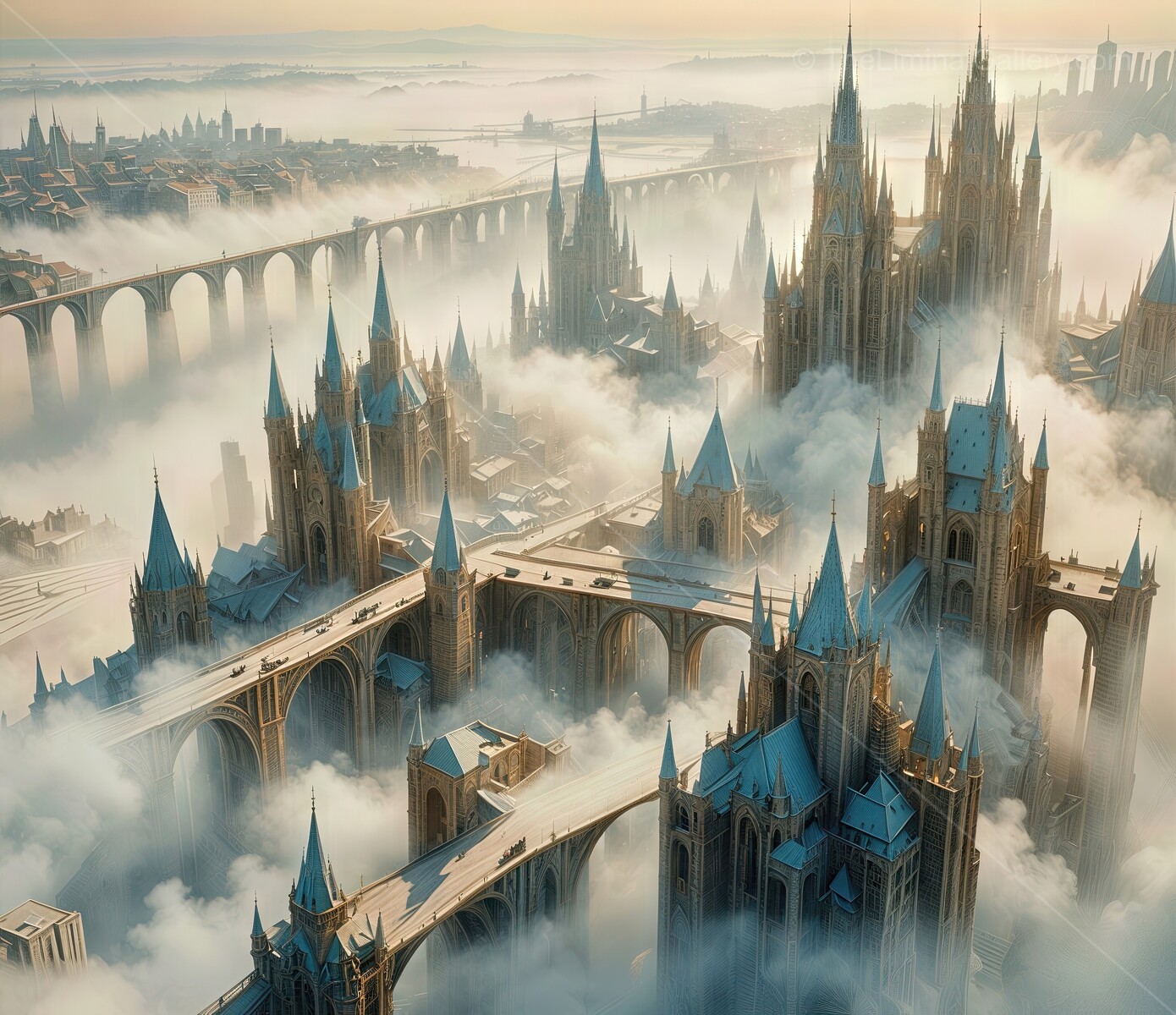 Majestic city of spires rises from the morning mist in an enchanting fantasy landscape