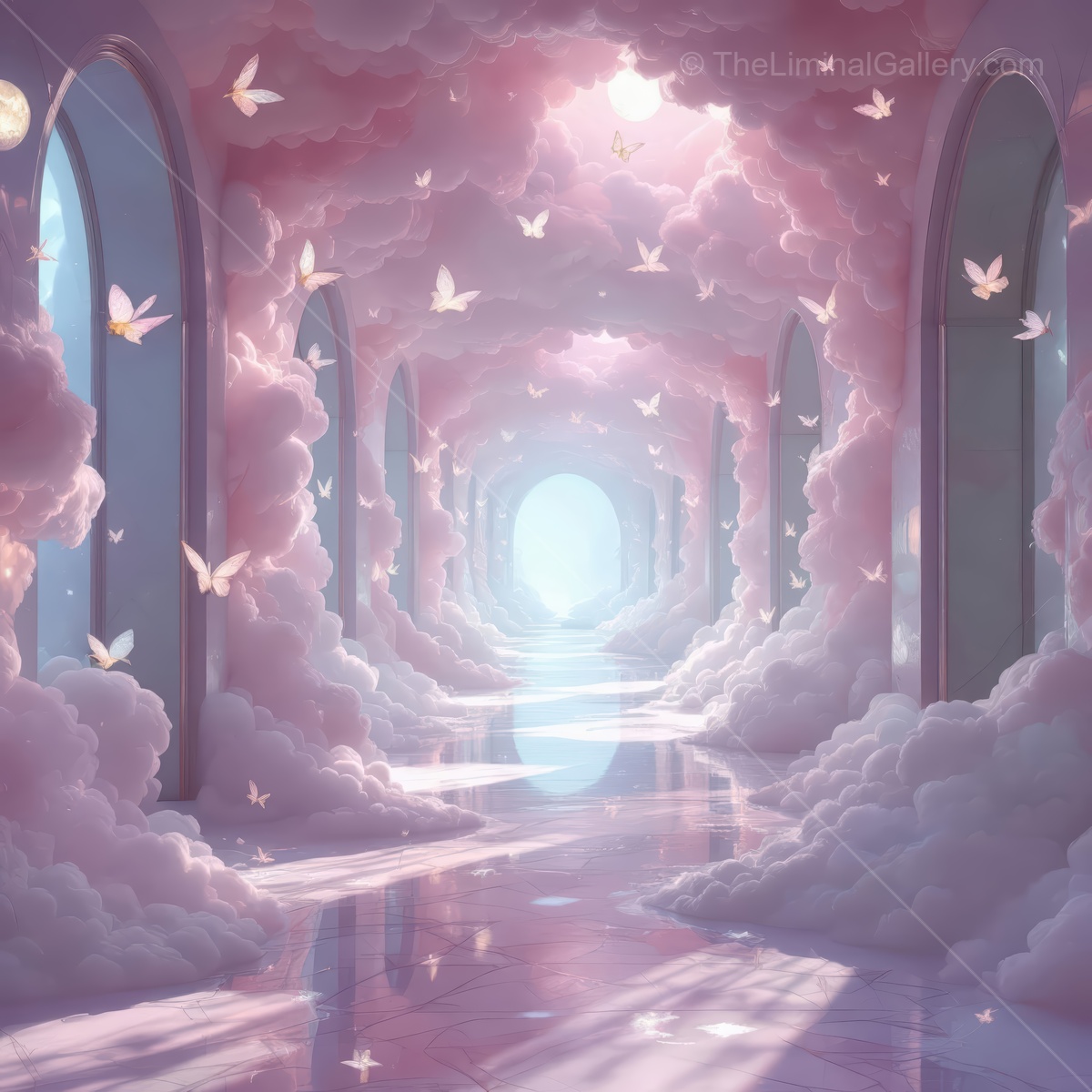 Dreamlike corridor of fluffy clouds with butterflies and soft light illuminating the serene space