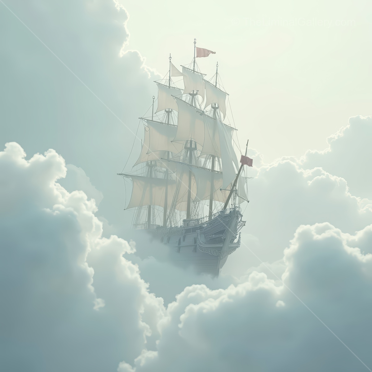 Sailing through the clouds, a majestic ship navigates the ethereal sky, showcasing a stunning blend of adventure and tranquility in a surreal atmosphere