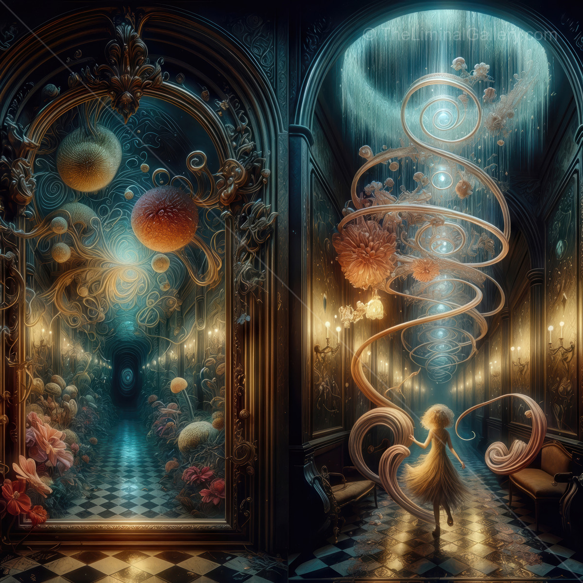 Exploring a surreal corridor filled with floating orbs and luminescent flowers at twilight