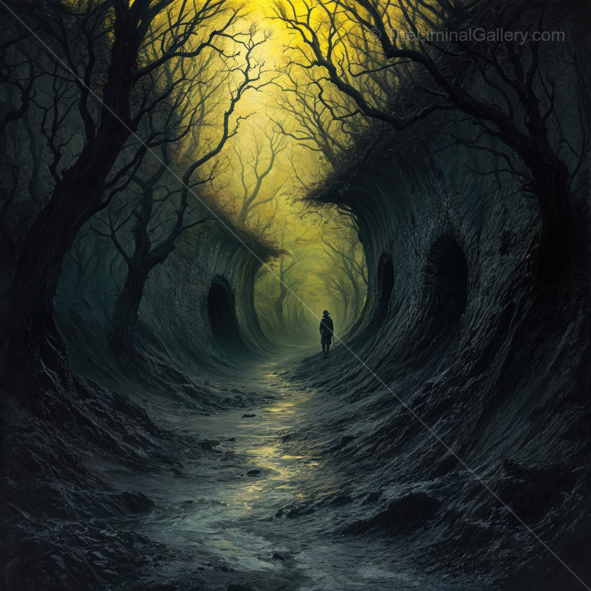 Mysterious journey through a dark forest path illuminated by an eerie yellow light at twilight
