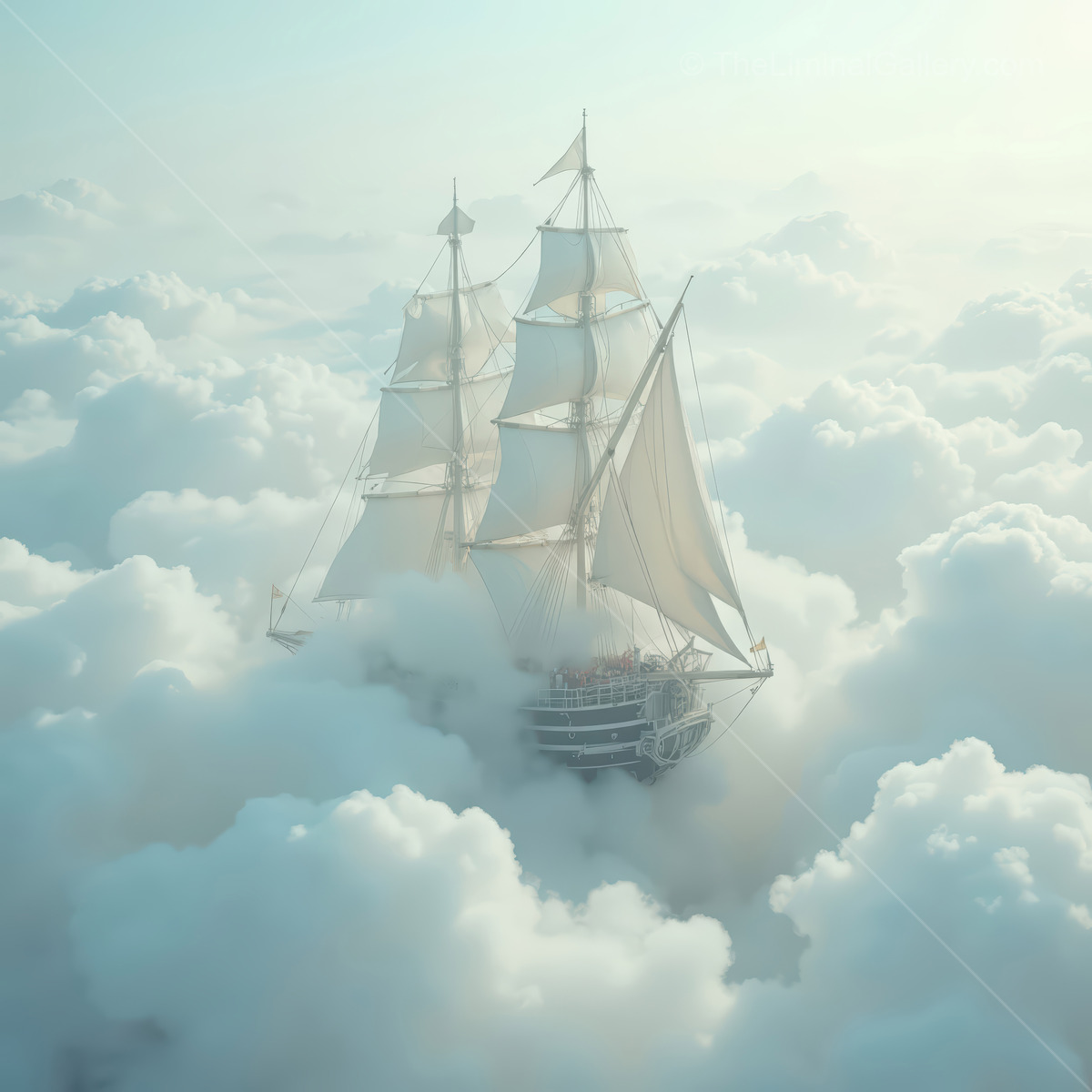 Graceful skyship glides through dawn-kissed clouds, pink and gold horizons reflecting across its gleaming hull, evoking boundless wonder and soaring dawn freedom