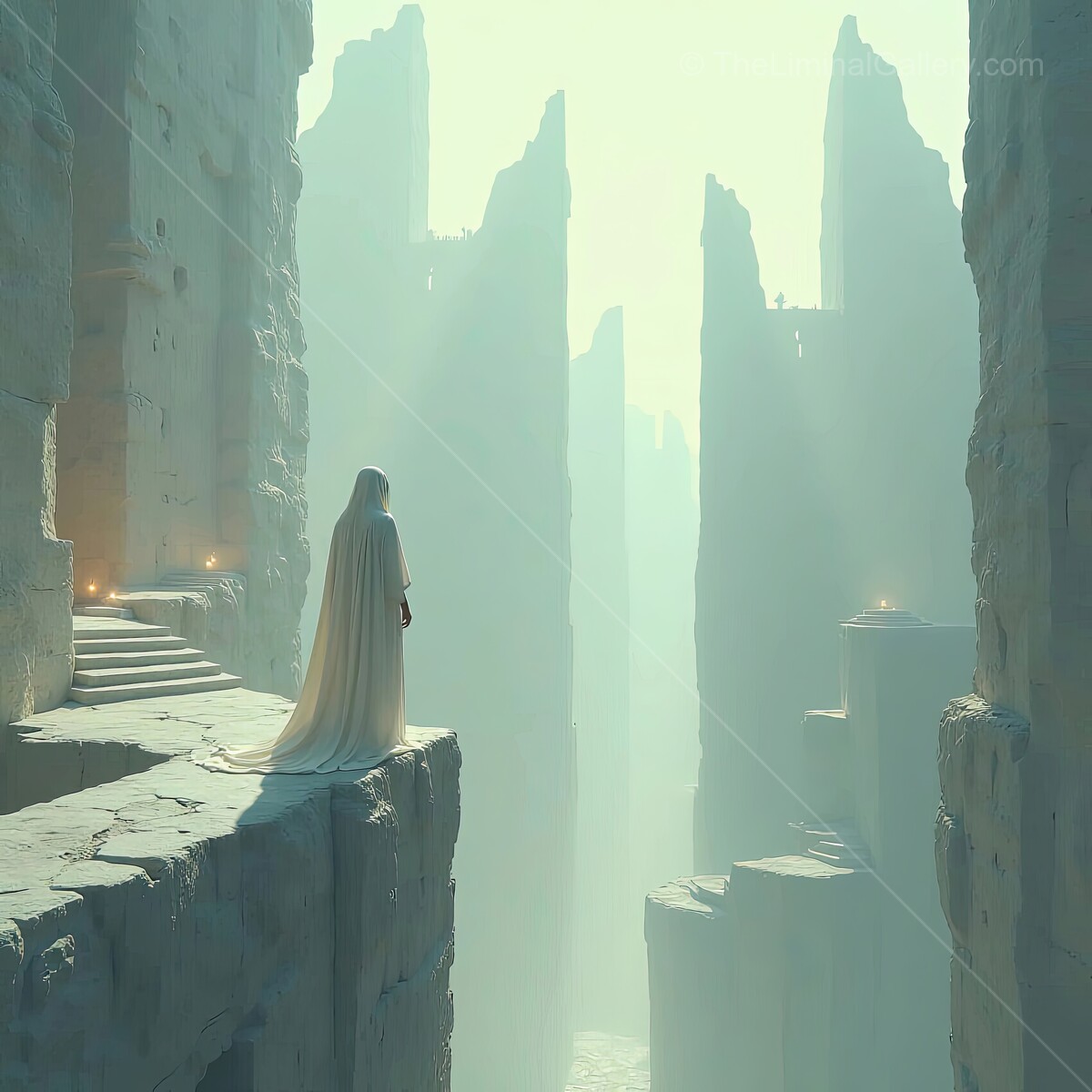 Dreamlike journey through ancient ruins under soft, ethereal light at dawn