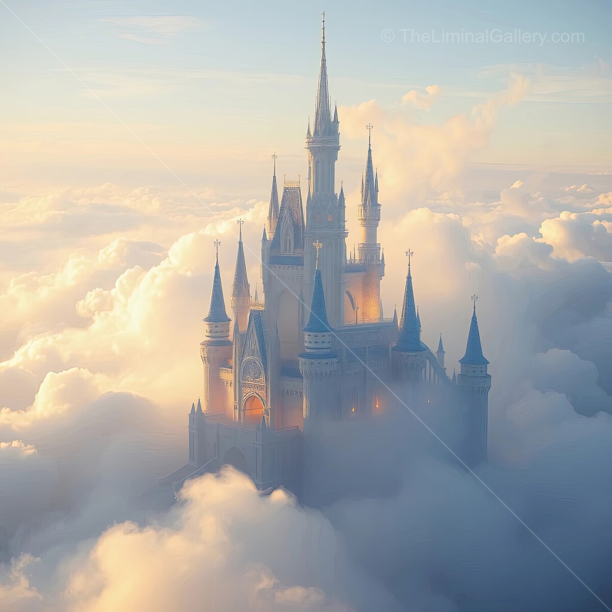 Enchanted fantasy castle rises above the clouds at dawn, surrounded by a dreamy mist and soft sunlight