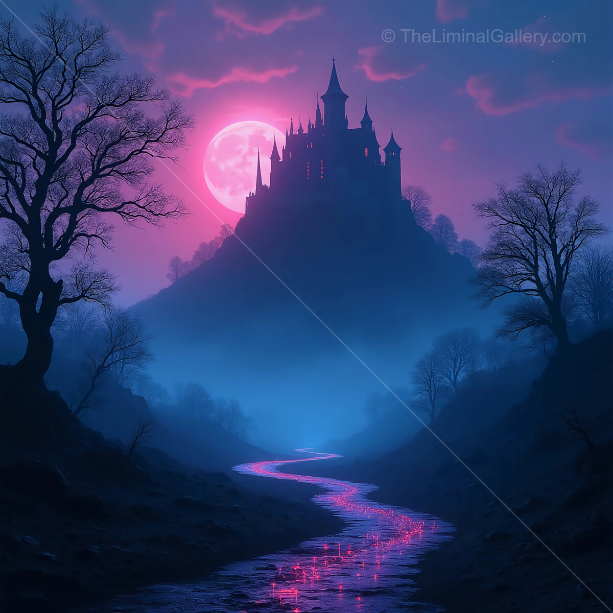 Enchanted castle under a vibrant moon in a mystical landscape at twilight