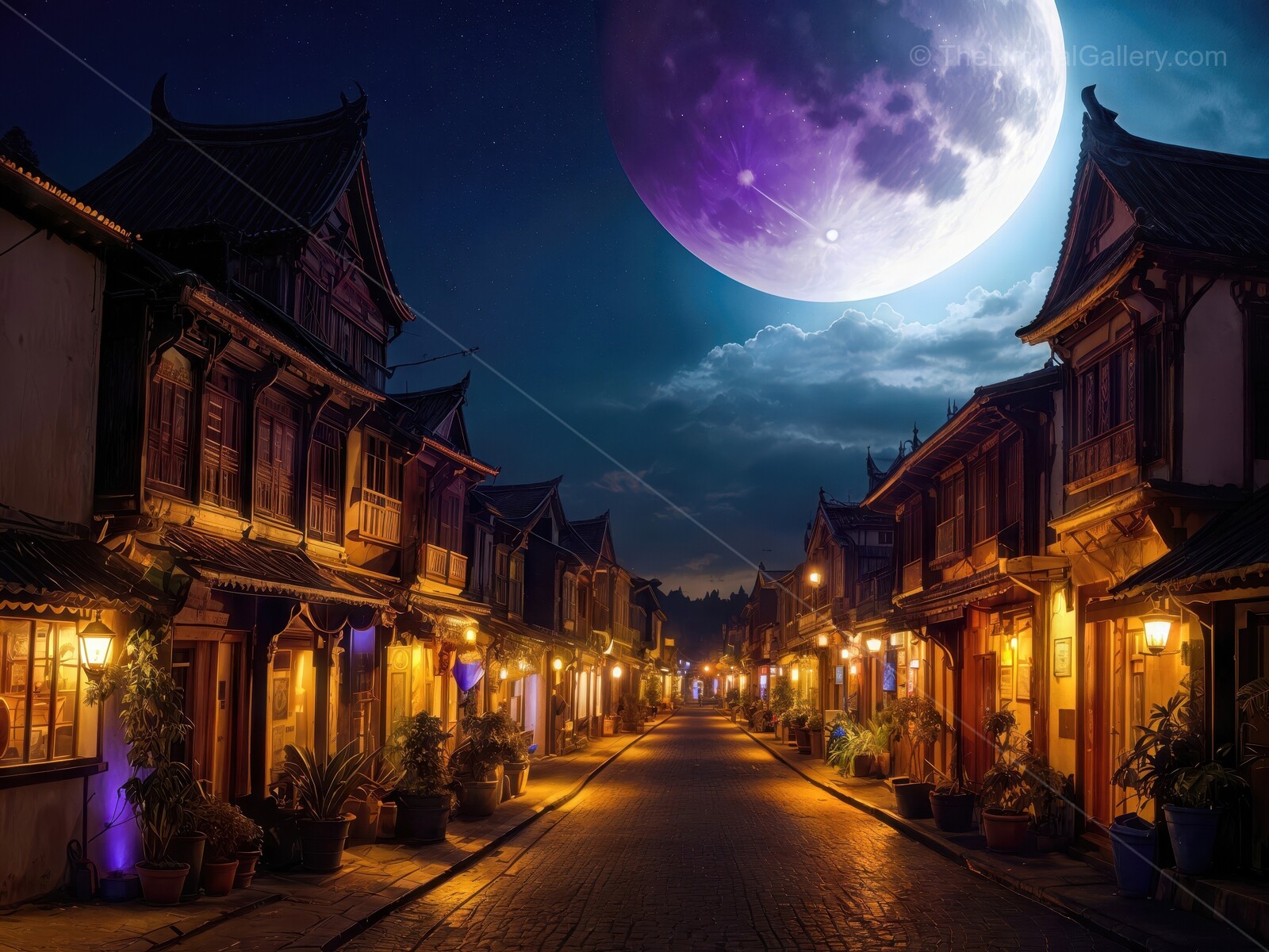 Enchanted evening stroll along the lantern-lit streets under a luminous moon