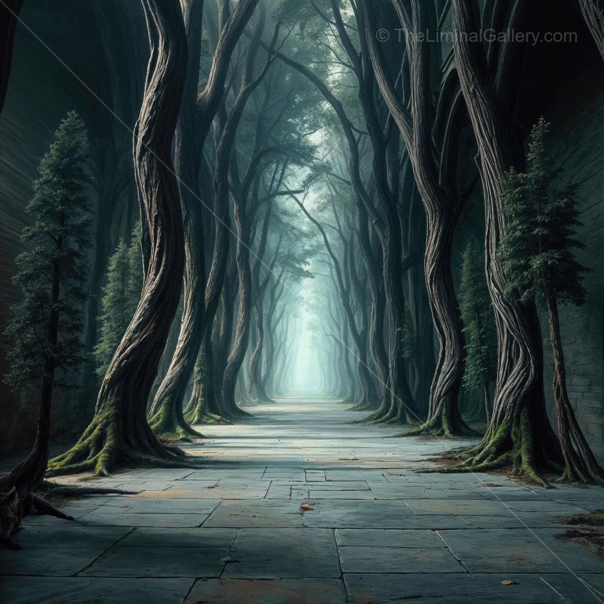 Majestic forest pathway leading to a mysterious light in an enchanted woodland at sunrise