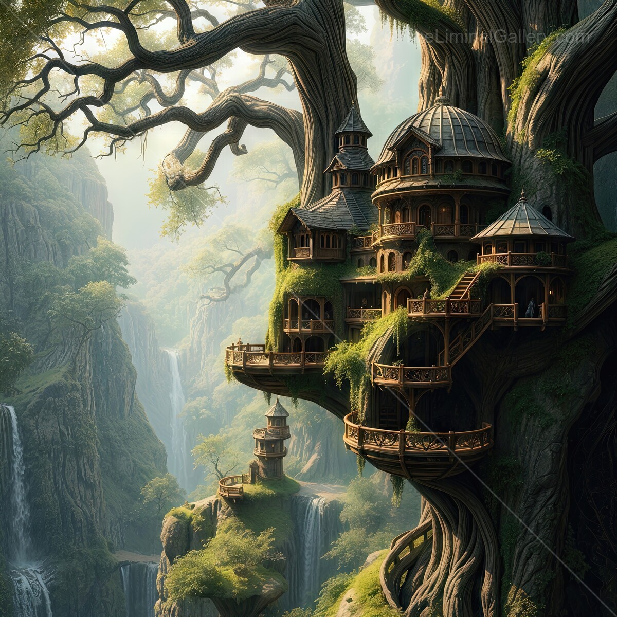 Enchanted elven fantasy treehouse village nestled among cascading waterfalls at dawn